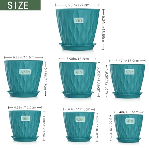 4/4.5/5/5.5/6/6.5/7 Inch Plant Pots,7 Pack Flower Pots with Drainage Holes and Trays,Plastic Planters for Indoor Outdoor Plants Growth,Green - color: Blue-green, size: 7+6.5+6+5.5+5+4.5+4inch