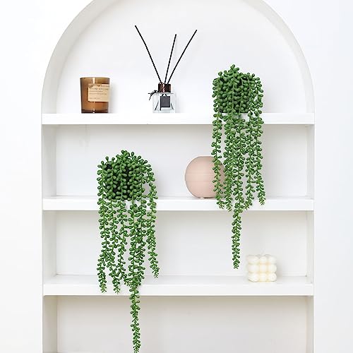 Floweroyal 2pcs Fake Hanging Plants Fake Potted String of Pearls Succulent Plants Small Faux Plants for Indoor Outdoor Shelf Wall Decor - color: Type2-green-2pcs