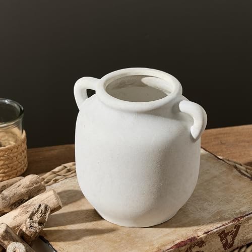Ceramic Flower Vase Home Decor - 6 Inch Farmhouse Rustic White Table Vases with Handle Living Room Decoration Decorative Vintage Pottery for Kitchen Shelf Coffee Dining Desk Bookshelf Fireplace - color: A-6" Rustic