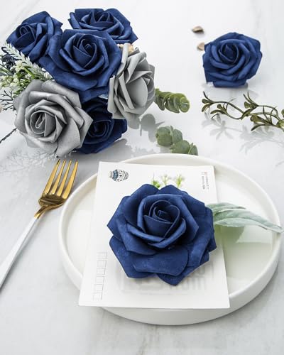 DuHouse 25Pcs Artificial Roses Flowers Fake Roses with Stems Real Touch Foam Flowers for DIY Wedding Bouquet Party Centerpiece Floral Arrangement Party Home Decor (Navy Blue) - color: Navy Blue, size: 25pcs