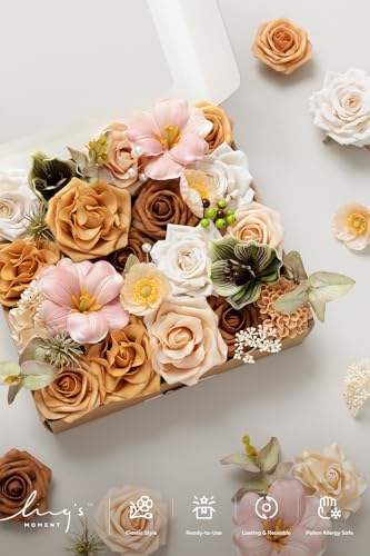 Ling's moment Fake Flowers Box, Faux Artificial Greenery Stems Foam Roses Tulip Silk Poppy Fabic Flower for Centerpieces Bouquet Wedding Floral Vase Table Decorations, Apricot & Peach, Grand Combo - color: Or-apricot & Peach, size: Grand