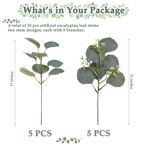 10PCS Artificial Eucalyptus Stems, Fake Eucalyptus Plant, Faux Greenery Centerpieces for Tables,Vase, DIY Bouquets and Weeding Home Decor (11 inch,No vase) - size: 10PCS Medium