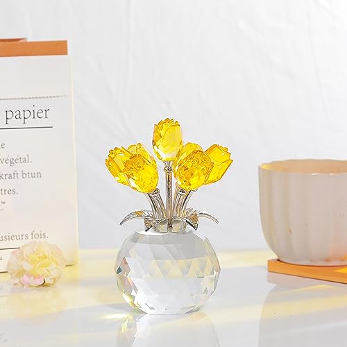 Yellow Rose Flower Crystal Figurine with Vase, Bouquet Flowers Ornament Gifts for Wife Girlfriend Women , Handmade Crystal Flower Collectible Home Table Decor for Valentine's Day Wedding Anniversary - color: Yellow-crystal Rose