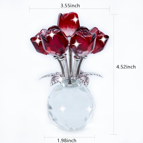 TWINKLING Crystal Roses Figurine with Round Vase, Glass Rose Crystal Flowers Bouquet, Birthday, Anniversary,Wedding, Home Décor,Silver Leaf (Red) - color: Red(silver Leaf)