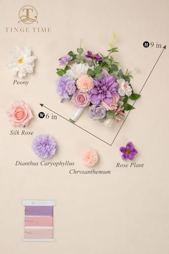 TINGE TIME Artificial 9 Inch Bridal Bouquet,Violet&Mistyrose Flower Bouquet with Roses for Bride, Bridal Tossing Bouquet for Wedding Ceremony Anniversary Bridal Showers Wedding Church Decoration - color: Violet & Misty Rose