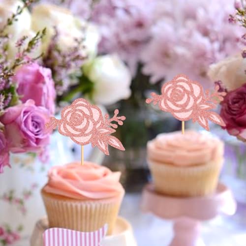 24Pcs Glitter Pink Rose Flower Cupcake Topper Double Layers Roses Flowers Cupcake Picks for Floral Bridal Shower Wedding Anniversary Mother's Day Valentine's Day Floral Birthday Cupcake Decoration - color: Pink Rose