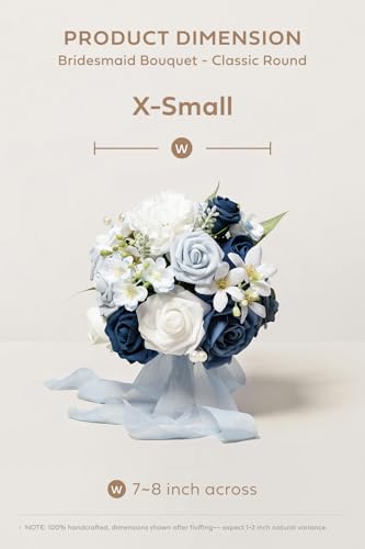 Ling's moment Artificial Bridesmaid Bouquets Set of 4,Navy Blue Wedding Flower Bouquets White Rose Floral Bouquet Bridal Bouquets with Ribbon Ceremony Anniversary,7-inch Diameter - color: Blu-white Blue & Navy