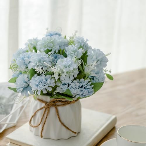 TKAS Fake Flowers Arrangement in Ceramic Vase, Artificial Faux Silk Hydrangea, Small Realistic Dried-Style Floral, Dining Table Centerpiece for Wedding Party Home Decoration (Blue) - color: Blue
