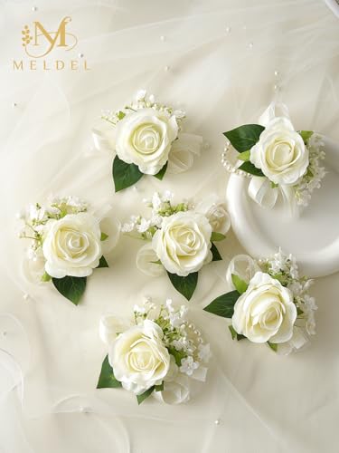 6Pcs Ivory White Faux Rose Wrist Corsages for Wedding, Dance Party | Mother of Bride & Groom, Bride Bridesmaids Pearl Wrist flowers for Wedding Prom Homecoming Party - color: White Wrist Corsage 6pcs