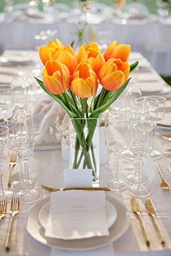 Briful Fake Flowers Artificial Tulip Flower Orange in Clear Vase, Real Touch Foam Tulip Arrangement Suitable for Home Office Decoration, Dining Table Centerpiece - color: Orange