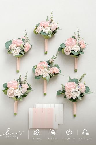 Ling's moment Artificial Bridesmaid Bouquets Set of 6,Pink Wedding Flower Bouquets Blush Floral Bouquet Bridal Bouquets with Ribbon Ceremony,Anniversary，7-inch Diameter - color: Pk-blush & Cream
