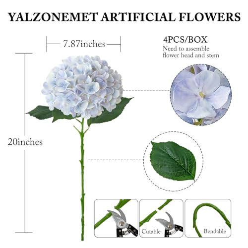 YalzoneMet 4Pcs Light Purple Silk Hydrangea Artificial Flower Lifelike Big Blooms 20'' Long Stem Faux Hydrangea Flower Bouquets for Home Party Indoor Outdoor Wedding Table Centerpiece Decor - color: Light Purple