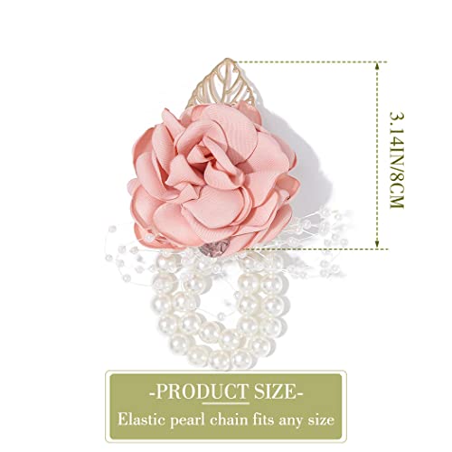 Wedding Bride Rose Wrist Corsage Pink Bridesmaids Silk Wrist Flower Flowergirl Hand Floral Decor Bridal Prom Party Accessories for Women and Girls (Pink) - color: Pink