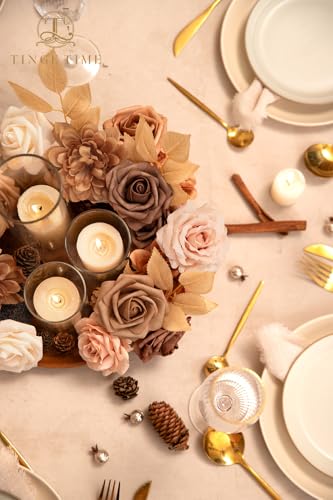 TINGE TIME Artificial Flowers Combo Set, Gradient Color Flower Leaf with Stems for DIY Wedding Bouquets Centerpieces Baby Shower Party Home Decorations(Brown & Nude Color) - color: Dark Milk Tea