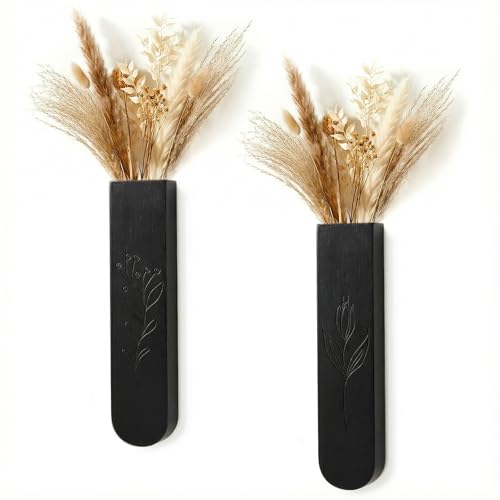 Wood Wall Vase Set of 2, 11.6 x 2.52 x 1.37 inch for Dried Flowers and Faux Greenery Plants for Bathroom,Kitchen,Farmhouse,Dining Room Wall Decor （Black - color: Black