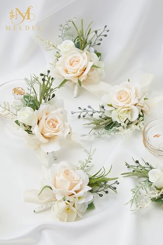 Champagne Boutonniere for Men - Set of 6, Rose Groomsmen Boutonniere for Wedding, Prom, Homecoming, Party, Vintage Occasions - color: Champagne Boutonniere 6pcs