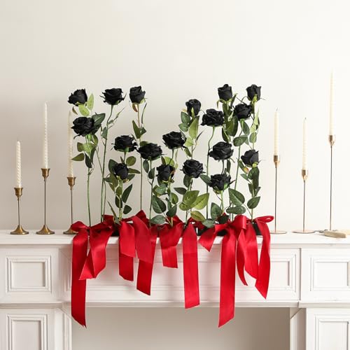 Hawesome 12PCS Artificial Silk Flowers Realistic Roses Bouquet Long Stem for Home Wedding Decoration Party (Black, 6 Flowers 6 Buds) - color: Black, size: 6 Flowers 6 Buds
