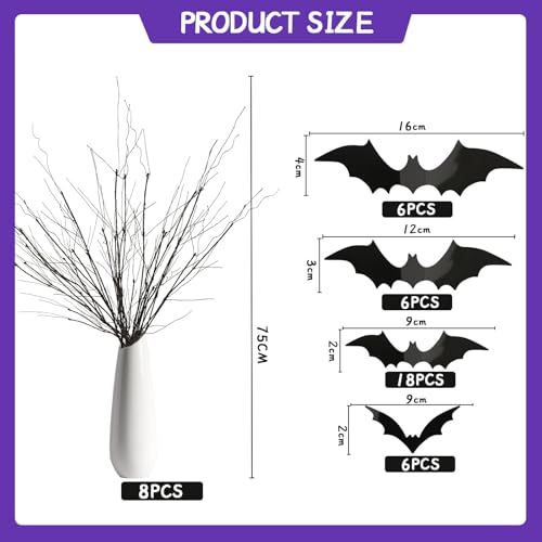 JUNEBRUSHS 8Pcs Curly Willow Branches with 36Pcs Halloween Bat Stickers | 29.5 Inch, Artificial Bendable Stems Black Branches, Halloween Wreath Home Party Decorations