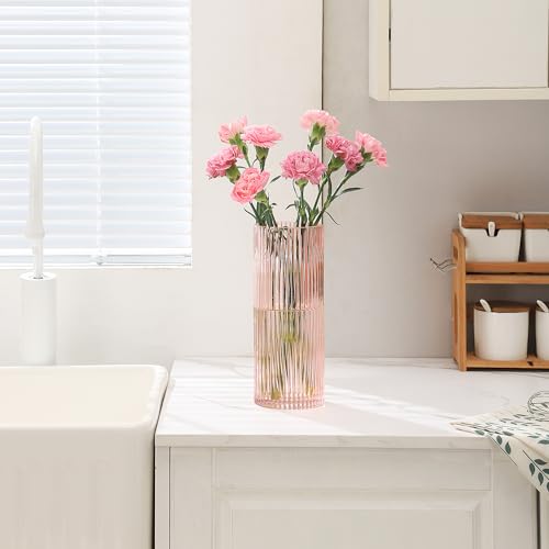 Pink Glass Vase for Flowers Ribbed Glass Vase, Pink Flower Vase, Tall Cylinder Glass Vases for Centerpieces, Living Room, Bedroom, Dining Table, Office, Wedding, Bookshelf Decoration,10 Inches - color: Pink, size: 10''