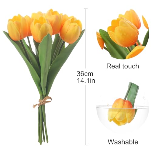 Orange Artificial Tulips, 2 Bundles 14Pcs, Fake Tulips Artificial Flowers, 2 x 2.4 Inch Large Flower Head Big Tulip, Easter Valentine's Day Mother's Day Home Decoration Flowers - color: Orange