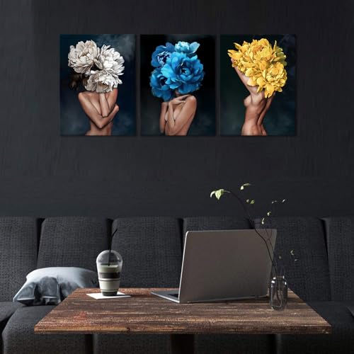 3 Panels Women Pictures Wall Art Flowers Head Posters Prints on Canvas Sexy Girls Artwork for Living Room Bedroom Home Decoration Framed Ready to Hang - 12" W x 16"H x 3pcs - color: Art01, size: 12x16x3pcs