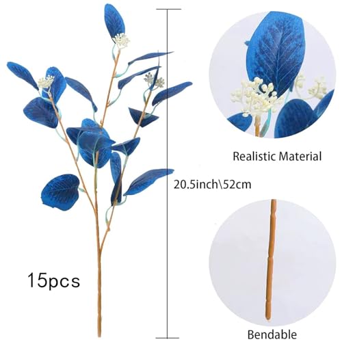 GTIDEA 15PCS Artificial Blue Eucalyptus Stems Faux Greenery Stems with Seeds Blue Eucalyptus Leaves Fake Plants for Summer Floral Arrangement Home Indoor Vase Kitchen Wedding Party Decor (20.5") - color: 15pcs-blue