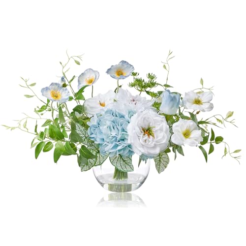 WELL KNOWN Artificial Silk Flowers Bouquet with Vase, Fake Flower Arrangements in Glass Vase with Faux Water for Spring Summer Seasonal Home Office Hotel Wedding Table Decor (Blue in Spring) - color: Blue in Spring