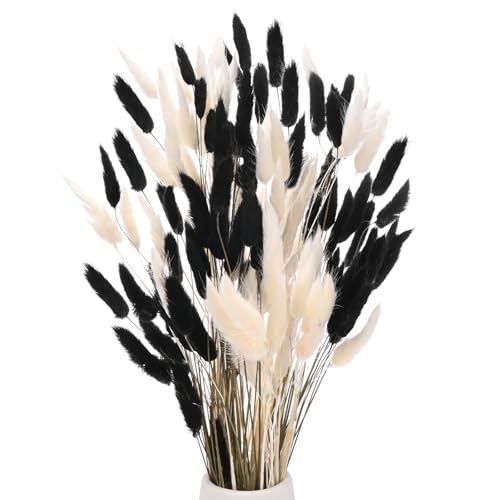 M METERXITY 120-Pack Bunny Tails Grass 17 Inch Fluffy Rabbit Tail Grass Dried Flowers Branches Vase Filler Dried Pampas Grass Decor for Home/Wedding/Vase/Office/Party [White, Black] - color: White, Black