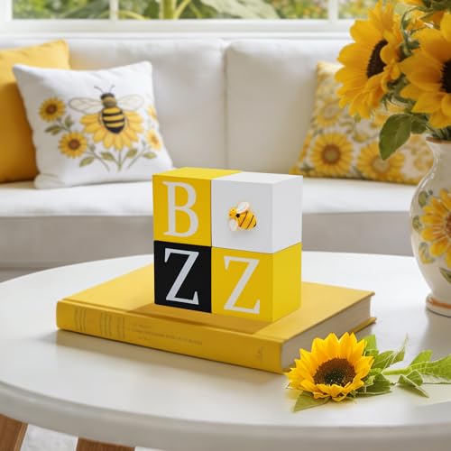 nuvagiki Bee Tiered Tray Decor, Bumble Bee Wooden Block Sign, Farmhouse Rustic Tabletop Decorations for Kitchen Home, Spring Summer Bee Theme Decor - color: Yellow