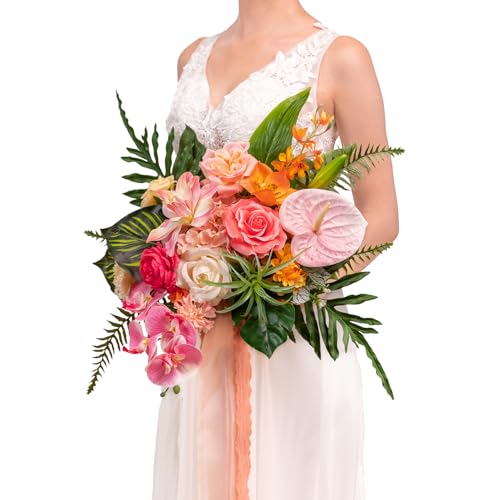 TINGE TIME 13 Inch Summer Wedding Bouquets for Bride, Bridal Bouquet for Bride, Artificial Silk Orchid for Graduation Bouquet, Fake Flowers for Wedding Ceremony and Anniversary (Tropical) - color: Tropical