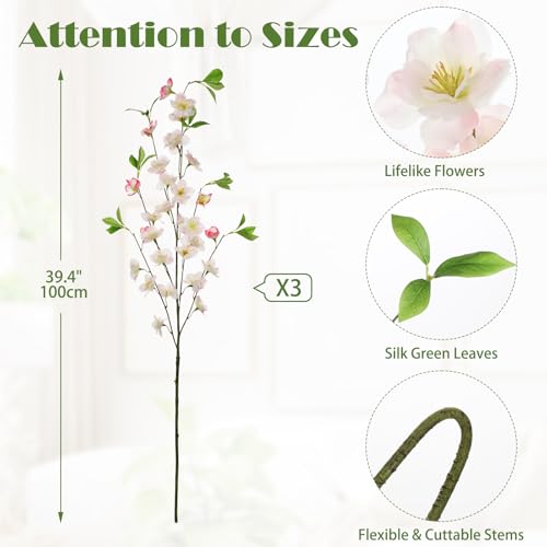 3 Pcs Pink Cherry Blossom Branches 39.4" Silk Flowers with Stems Long Stem Artificial Flowers for Spring Summer Indoor Decoration Faux Flower for Vase Arrangements Table Centerpiece Wedding Decor - color: Pink