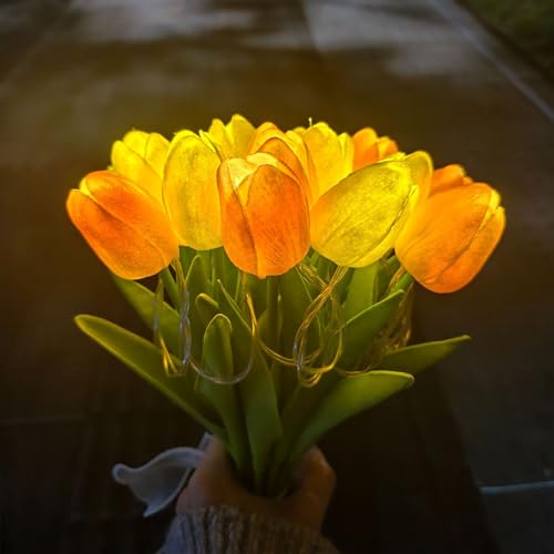 15pcs LED Lighted Artificial Flowers Tulip Lamp with Vase Real Touch Tulips Faux Flower Lights for Valentines Day Gift Easter Home Kitchen Wedding Dining Table Decor (Yellow) - color: 15pcs Yellow