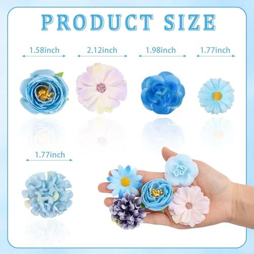 Fake Flower Heads for Crafts, 66PCS Mini Artificial Flowers Bulk, Small Silk Daisy Rose Sunflower Faux Floral Heads for DIY Hair Clips, Wedding Cake, Graduation Cap, Wreath & Party Decoration - color: Blue