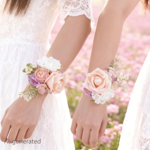 2Pcs Champagne Wrist Corsage, Artificial Rose Corsage Wristlet Bracelet for Wedding Prom Bridesmaid Bride Flower Girl Party. - color: Champagne, 2pcs Wrist Corsage