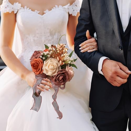 LEIFENY Wedding Bouquets for Bride, Pink & Champagne Bridal Bridesmaid Flower with Silk Ribbon, Artificial Toss Rose for Civil Ceremony - color: Pink & Champagen White