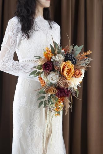 12 Inch Cascade Wedding Bouquets for Bride, Fall Burnt Orange Cascading Bridal Bouquet for Wedding Silk Artificial Flowers - color: Burnt Orange
