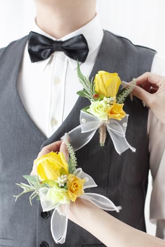 Yellow Corsage and Boutonniere Set for Wedding Prom, Artificial Rose Flower Homecoming Corsage Wristlet, Boutonniere for Men Wedding Suit Decor - color: Yellow