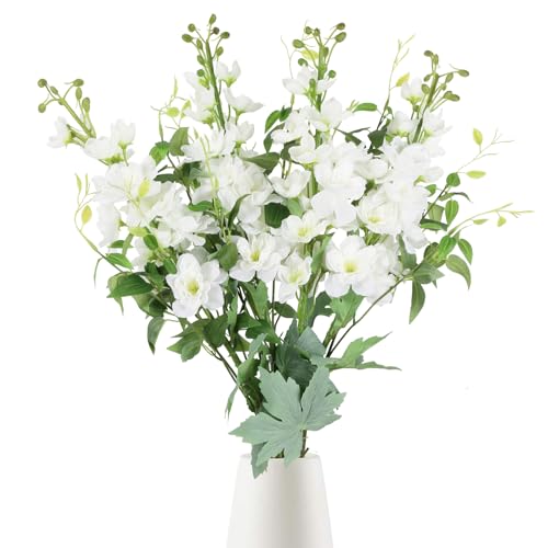 8PCS Artificial Delphinium White Flowers with Clematis Greenery Long Stem Artificial Flowers Cream for Tall Vase for Home Wedding Floral Arrangement Centerpiece Table Decor (Cream White) - color: Cream White
