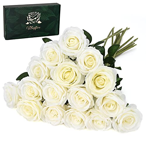 Waipfaru 16 Pcs Artificial Flowers Fake Silk White Roses Bulk, Faux Real Touch Roses Bouquet with Long Stem for Wedding Party Home Decor (White) - color: A-white, size: 16 Pcs