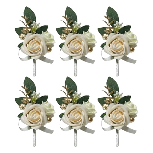 6PCS White Boutonniere for Men, Ivory Boutonniere Pins for Men Groomsmen Guest Boutonniere, Artificial Flowers for Wedding Decor Prom Homecoming - color: Ivory
