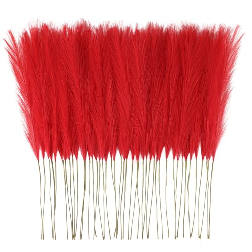 obbsie 50pcs Red Faux Pampas Grass Decor, 21.6" Short Artificial Floral Branches Vase Filler Flower Arrangement for Home Wedding Boho Outdoor Decor - color: Red, size: 50 PCS