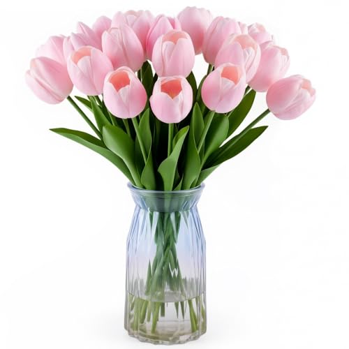20 Pcs Fake Tulips Flowers 16" Tall, Realistic Touch Leaves, Bottle Tulip Artificial Plants Indoor for Home Decor Small Office Home Living Room-Vase Not Include -Pink - size: 16 Inch Tulips Pink