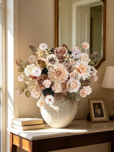 rongflower Artificial Flowers Combo Nude Brown Silk Flowers Dahlia & Rose with Stems for DIY Wedding Bridal Bouquets, Baby Shower, Floral Arrangement, Table Centerpieces, Home Decorations - color: Nude Brown