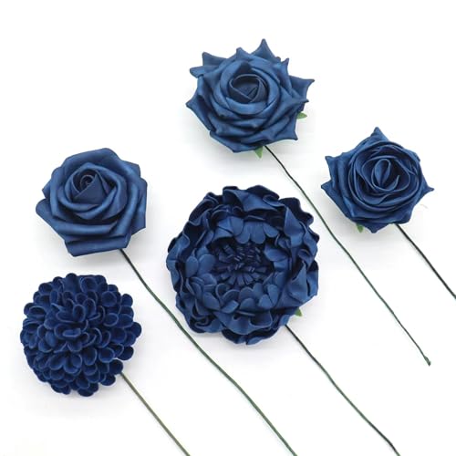 Navy Blue Artificial Flowers Combo Mixed Flowers with Stem for DIY Wedding Bouquets Centerpieces Baby Shower Party Home Decorations - color: Classic Navy Blue