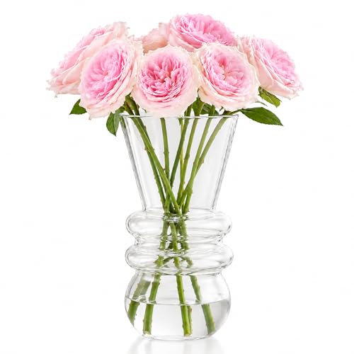 Clear Glass Flower Vase for Fresh Flowers, Decorative Ribbed Vase for Dining Table Centerpiece, Living Room and Office Desk Decor, Housewarming Gift - color: White