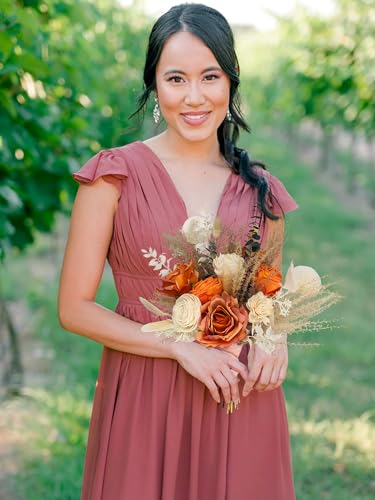 Rinlong 1Pc Fall Wedding Bouquet for Bridesmaids Burnt Orange Dried Flower Bridesmaid Boho Terracotta Bouquet Wedding - color: 04-beige & Terracotta