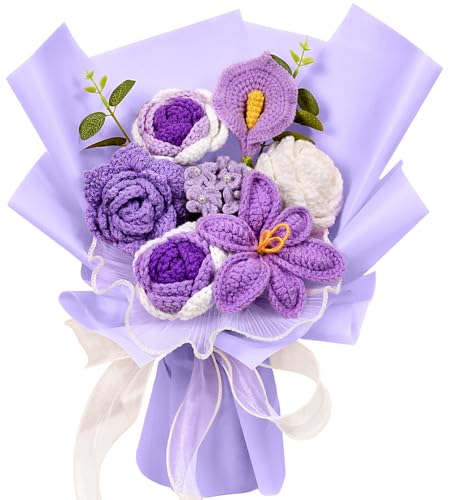 Knitted Flower Bouquet, Crochet Tulip Rose Calla Lily Flowers Bouquet for Mother's Day, Anniversary, Birthday, Home Décor, Gifts for Mom, Grandmother, Teachers, Friends, Purple - color: Purple