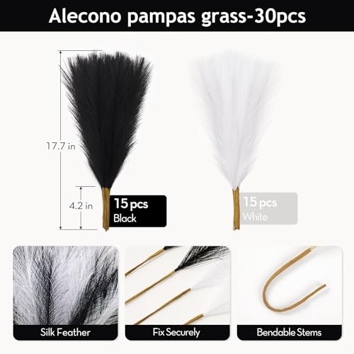Alecono 𝟯𝟬𝙋𝙘𝙨 Pampas Grass 17in, Black and White Pampas Grass for Home Decoration, Faux Pampas Grass Decor for Wedding Centerpieces Birthday Party - color: White, Black, size: 30pcs
