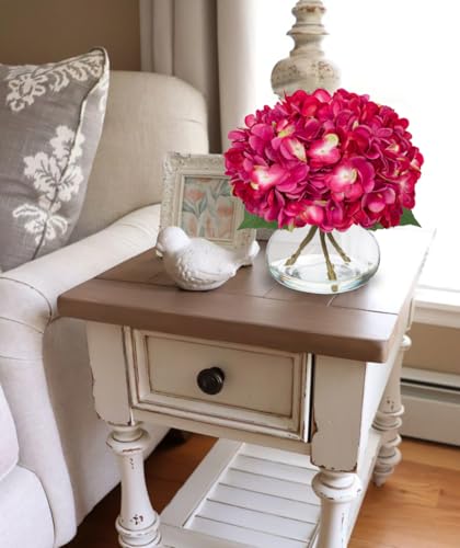 Hollyone Hydrangea Artificial Flowers with Glass Vase Fuchsia Silk Faux Flowers Arrangements in Vase with Faux Water Fake Floral Bulk Bouquet for Home Decor Table Centerpiece Decorations - color: Hydrangea, Fuchsia