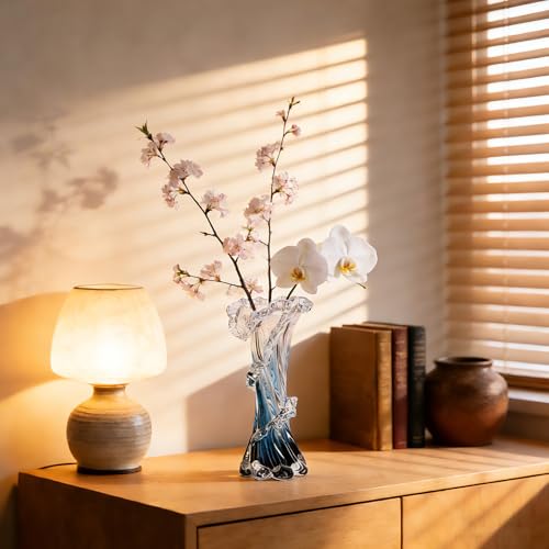 Hand Blown Blue Glass Vase, Unique Art Beautiful Ocean Glass Vase for Coastal Home Decor, Coffee Table, Living Room, Office Decor - 11.8" H(Large) - size: Large